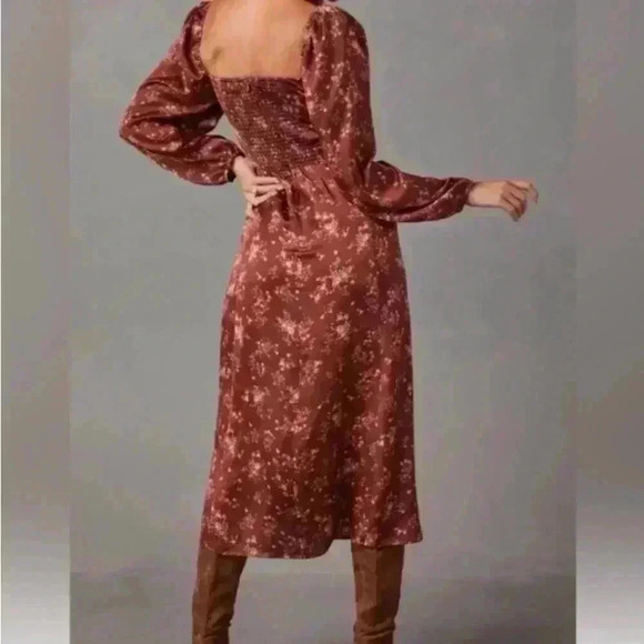 Vici Women's Floral Square Neckline Puff Sleeve Midi Slit Brown Pretty Dress S - Picture 2 of 16